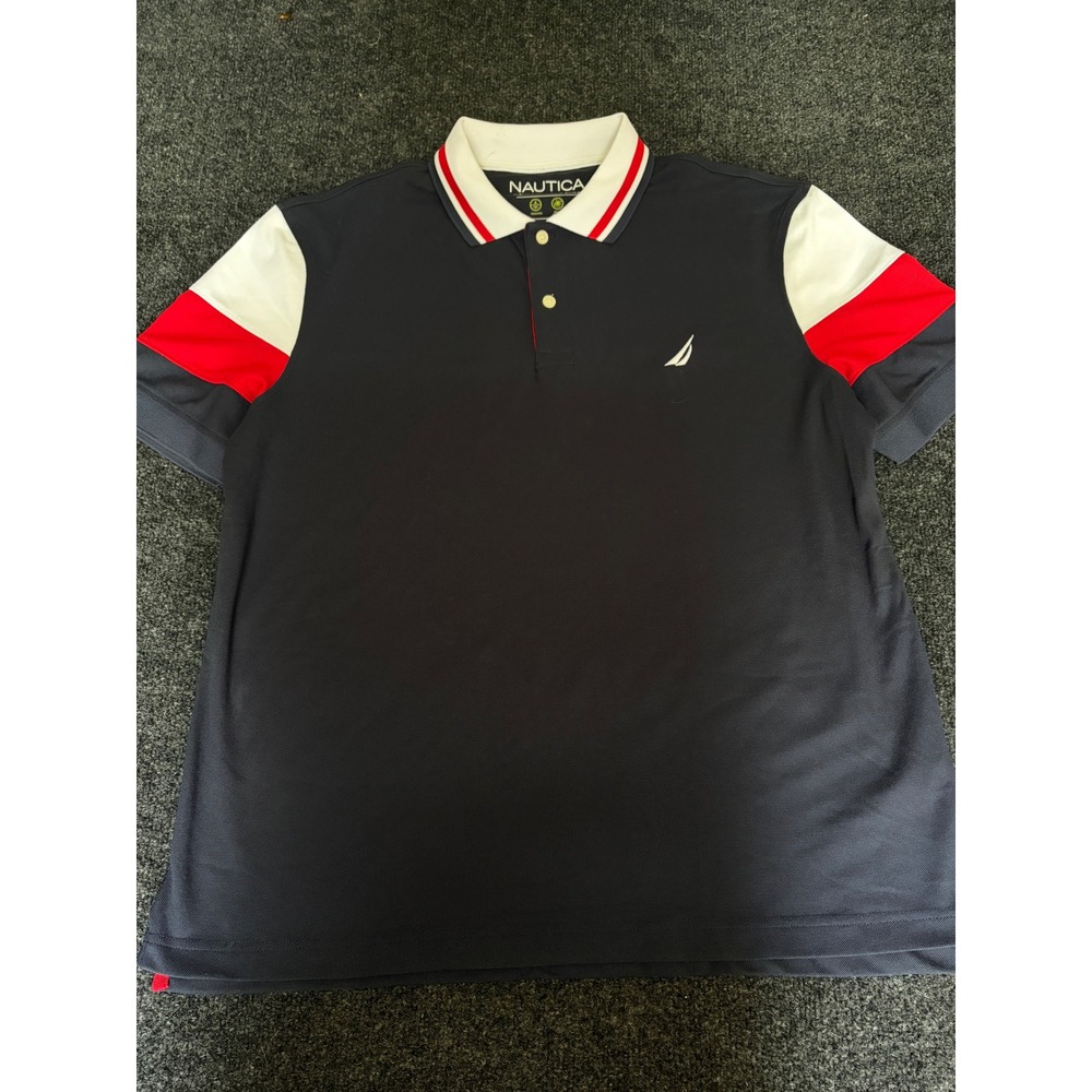 Nautica Performance Mens Navy Blue Red White Colorblock Polo Shirt Large